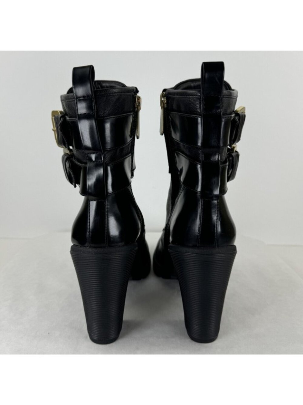 Guess Finlay Black Side Zip High Heel Leather Boots Womens Sz 8.5M Buckle Strap - Picture 6 of 16